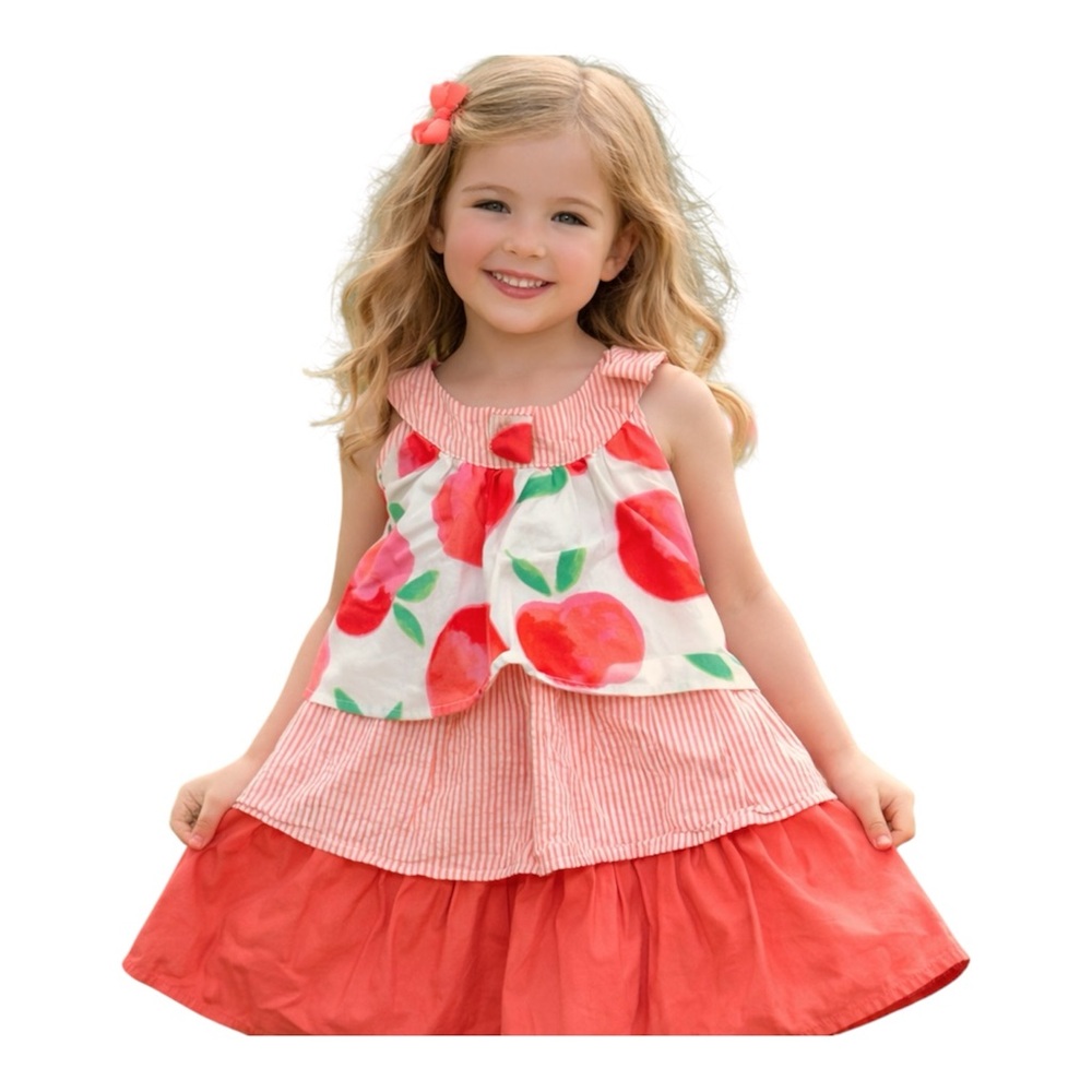 Gymboree 5T 100% Cotton Apple Print Tiered Dress Girls Peach Summer Outfit